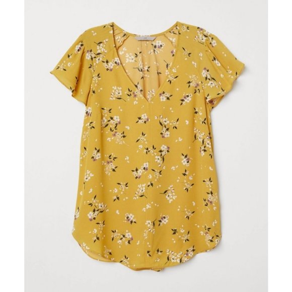 H&M Tops - H&M Yellow Floral Flutter Sleeved Top